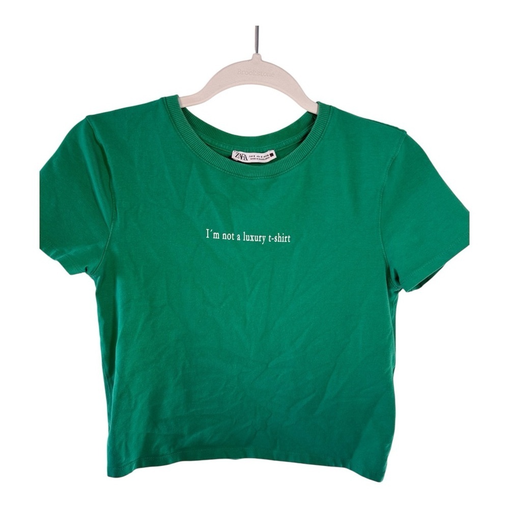 Zara Green Womens cropped shirt “I’m not a luxury shirt” size Small